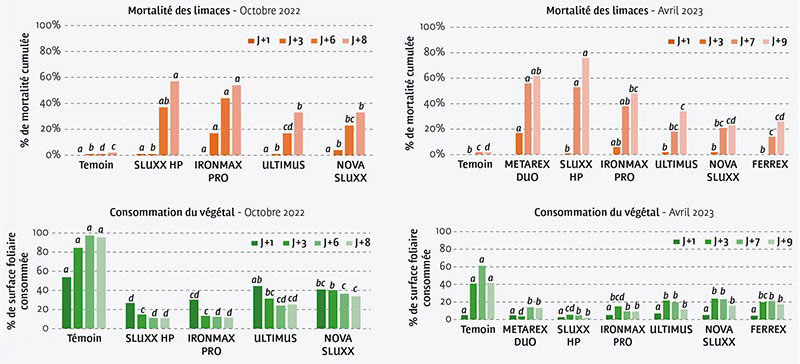 Figure 1 : Efficacité de six molluscicides, en % de mortalité cumulés (en haut) et en % de surface foliaire consommée (en bas) – Synthèse de 2 essais 2022/2023