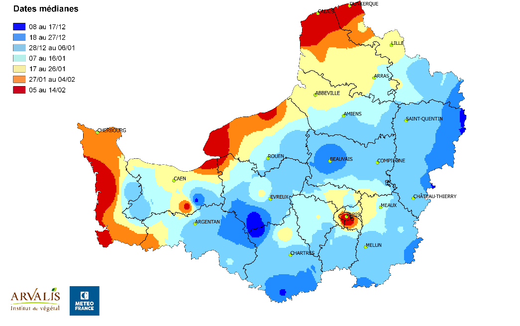 Figure 1 : Dates médianes d’apparition de gel avec des températures inférieures à 5°C sur les 20 dernières années (2022-2021) entre le 1er octobre et le 1er mars selon le bassin de production