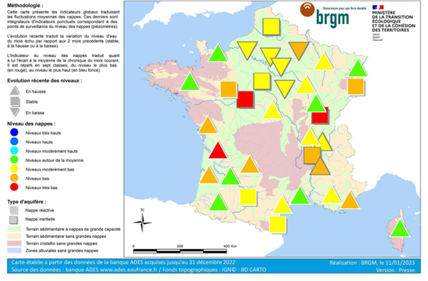 Figure 3 : Carte des situations des nappes phréatiques au 1er janvier 2023 (Source : Bulletin de situation hydrogéologique- BRGM) 