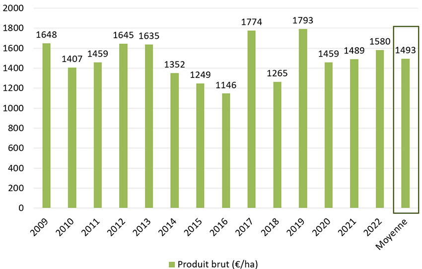 Figure 1 : Evolution du produit brut de l’exploitation bio autonome de Boigneville extrapolé à 300 ha et 2 actifs