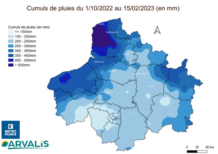 Cumul de pluie entre le 1er octobre et le 15 février