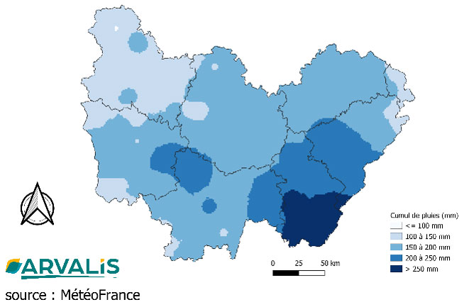 Carte 1 : Cumul de pluies (mm) du 1er octobre au 6 novembre en Bourgogne-Franche-Comté