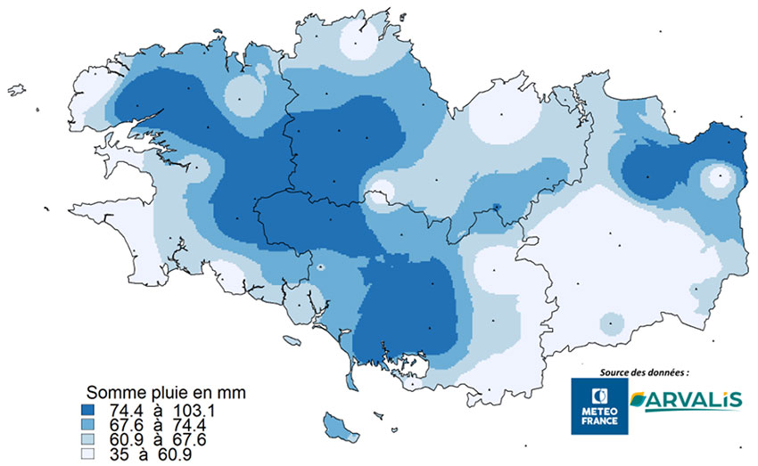 Figure 2 : Carte des sommes de pluie entre le 1er  juin et le 15 juillet 2023