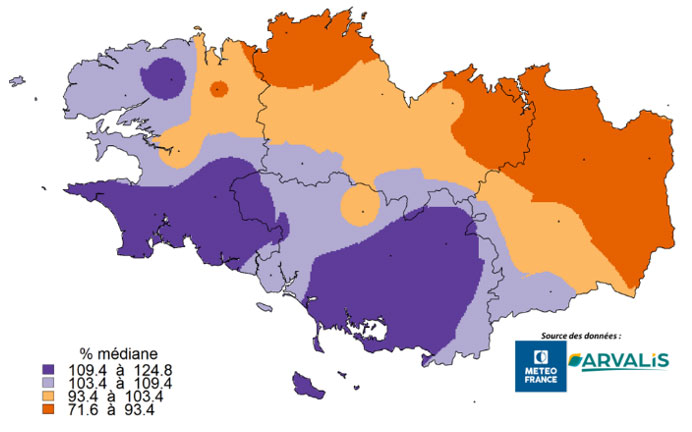 Somme de pluie du 25 octobre au 01 mars 2023 vs médiane 2001-2022 (en %)