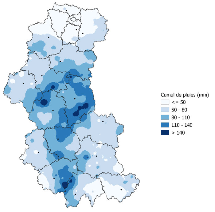 Carte 1 : Précipitations cumulées du 15 au 30 juin 2024