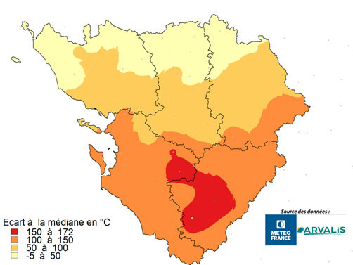 Carte 1 : Ecart à la médiane des sommes de températures entre le 24 octobre 2024 et le 1er mars 2025