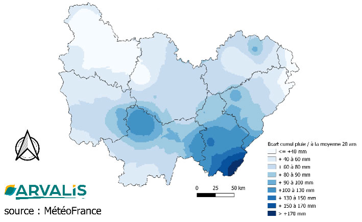 Carte 2 : Ecart de cumul de pluies (mm) du 1er octobre au 6 novembre par rapport à la moyenne 2003 – 2022 en Bourgogne-Franche-Comté