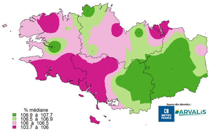 Somme des températures du 25 octobre au 01 mars 2023 vs médiane 2001-2022 (en %)