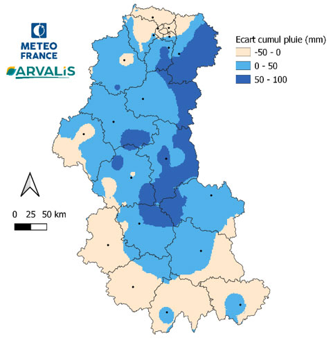 Carte 2 : Ecart à la médiane 20 ans du cumul de pluies entre le 1er juin et le 20 août 2024