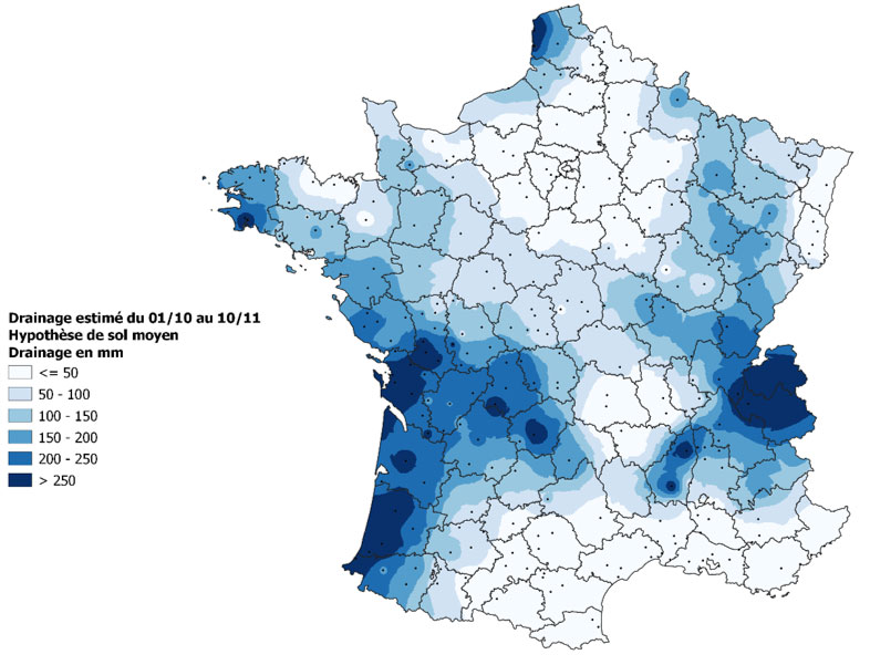 Carte 3 : Drainage estimé (en mm) du 1er octobre au 10 novembre en sol moyen