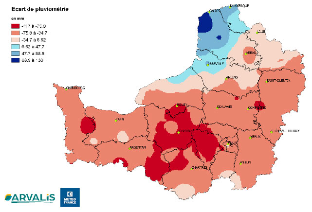 Carte 2 : Ecarts de pluviométrie du 1er octobre 2022 au 10 mars 2023 par rapport à la moyenne des vingt dernières années (en mm)