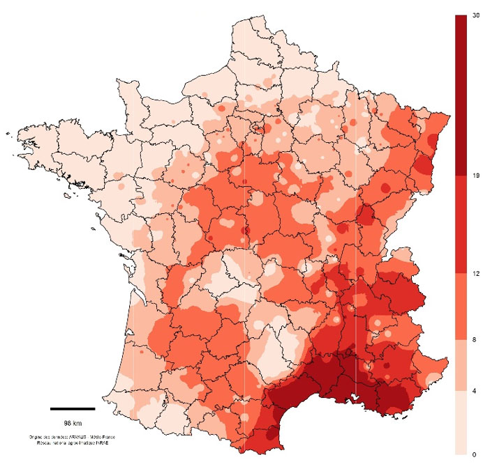 Carte 2 : Nombre de jours avec des température maximales supérieures à 30°C