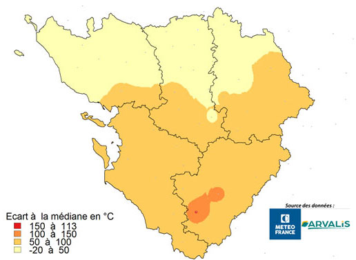 Carte 2 : Ecart à la médiane des sommes de températures entre le 10 novembre 2024 et le 1er mars 2025