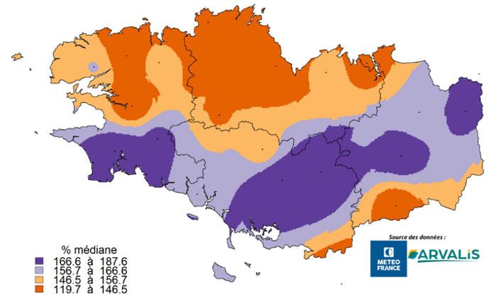 Somme de pluie du 1ER mars au 1er mai 2023 vs médiane 2001-2022 (en %)