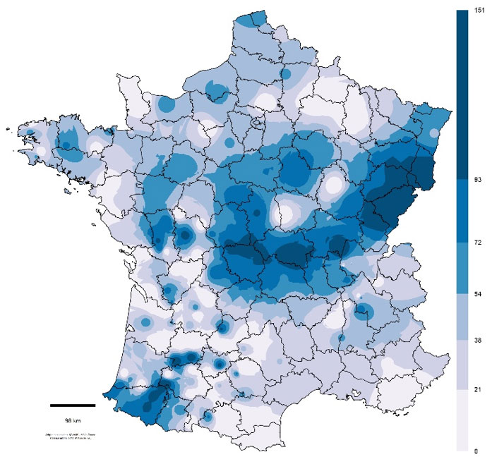 Carte 3 : Cumul de pluie (en mm) entre le 15 juin et le 16 juillet 2023