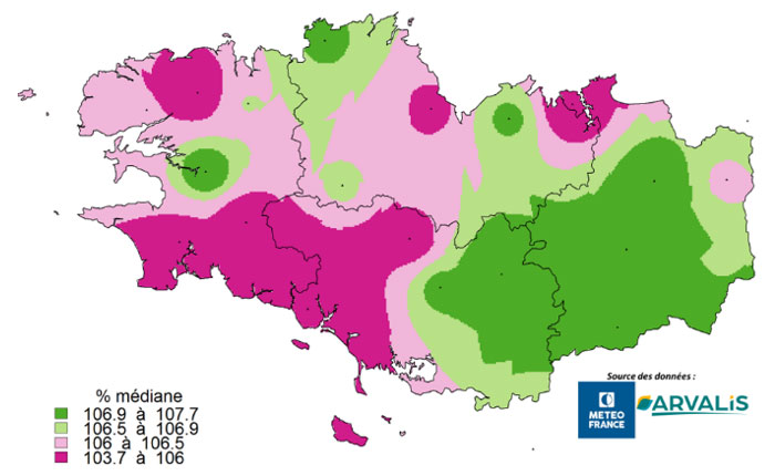 Somme des températures du 1ER mars au 1er mai 2023 vs médiane 2001-2022 (en %)