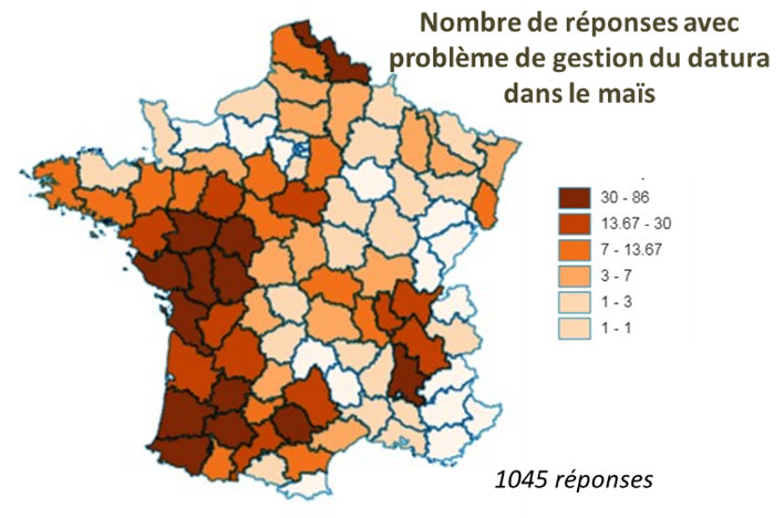 Carte 1 : Zones relevant une problématique datura dans le maïs (nombre de réponses à l’enquête réalisée en 2020)