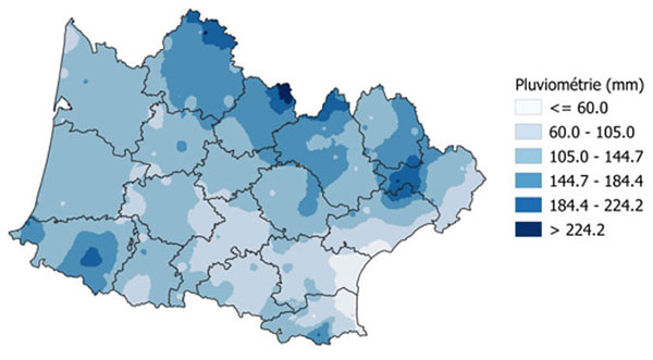 Carte 1 : Pluviométrie (en mm) entre le 1er et le 31 mai