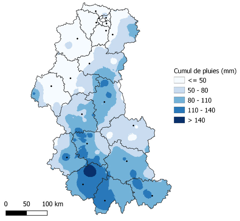 Figure 1 : Carte des précipitations cumulées du 1er au 25 juin 2023