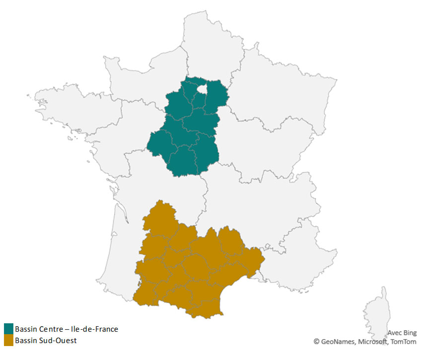 Figure 1: Délimitation des deux principaux bassins de production des blés améliorants ou de force