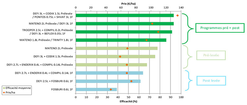 Figure 1 : Résultats des efficacités herbicides sur blé tendre d'hiver, cible ray-grass