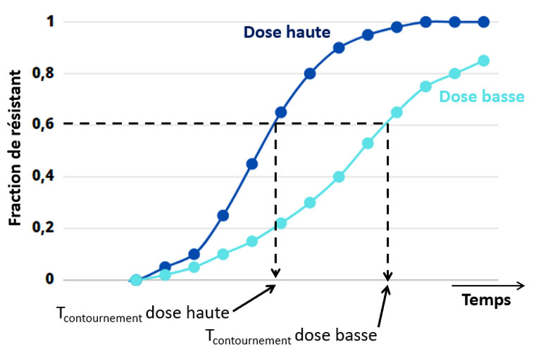 Figure 1 : Fraction de la population de pathogène en fonction du temps de puis l'introduction du fongicide