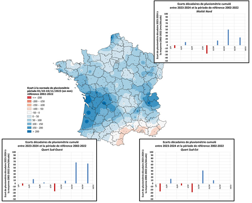 Carte 1 : Ecart à la normale des précipitations cumulées entre le 1er octobre et le 10 novembre 2023