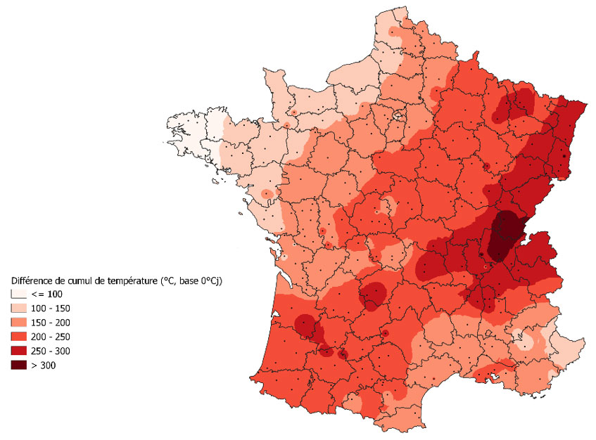 Cumul de température (°C, base 0°C) du 1er octobre 2022 au 9 février 2023  - Ecart à la moyenne 20 ans