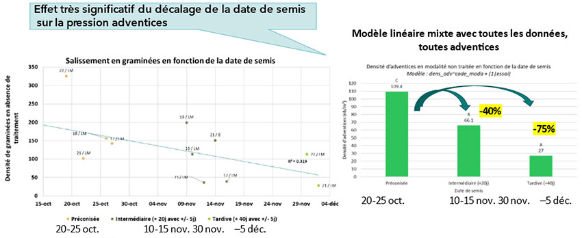 Figure 3 : Impact de la date de semis sur la pression adventices – essais « CLIMATIKA » mis en place au Magneraud (17) en groies moyennes de 2020 à 2022