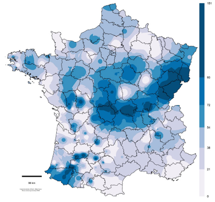 Figure 3 : Cumul de précipitations (en mm) du 15 juin au 15 juillet