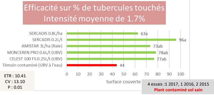 Figure 2 : Efficacité (en %) des solutions de traitement de plant et de sol contre le rhizoctone brun en situation de plant contaminé