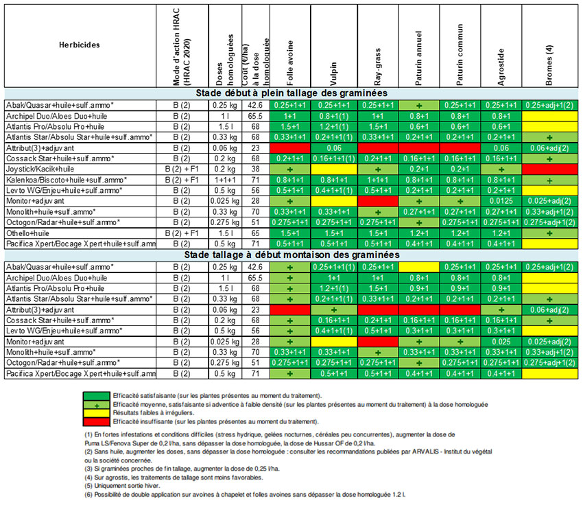 Tableaux 2a et 2b : Doses efficaces des principaux antigraminées foliaires + racinaires et foliaires utilisables sur blé tendre 