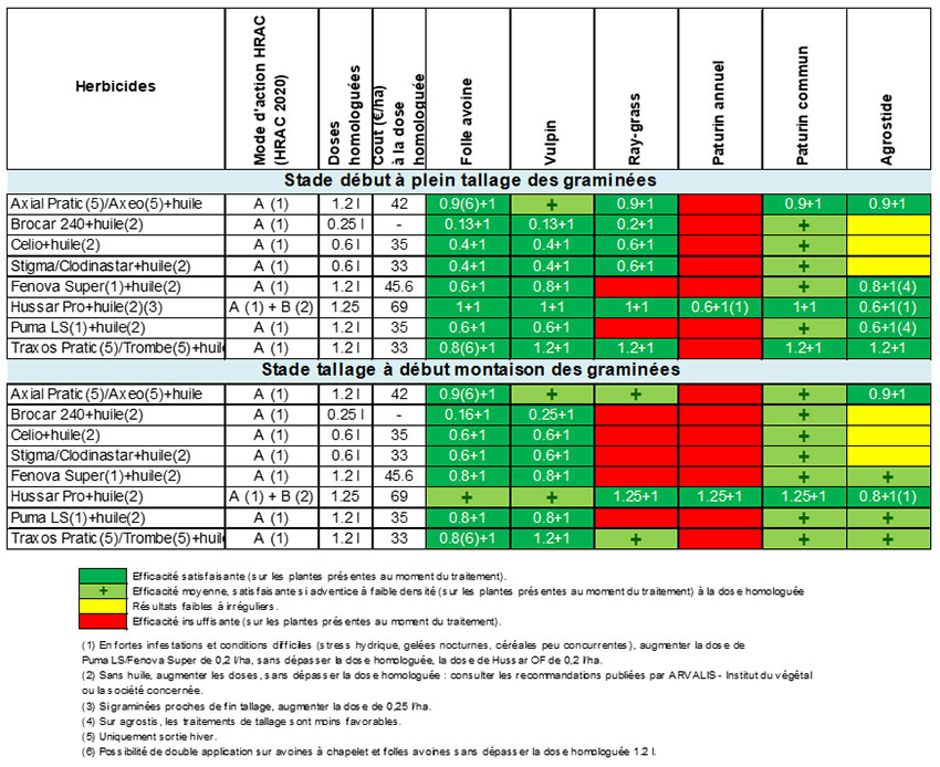 Tableaux 2a et 2b : Doses efficaces des principaux antigraminées foliaires + racinaires et foliaires utilisables sur blé tendre 
