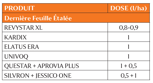 Tableau 6 : Exemple de programme fongicide pour variétés moyennement sensibles (note=6) avec un risque septoriose moyen (15-20 q/ha de nuisibilité) en absence de rouille jaune
