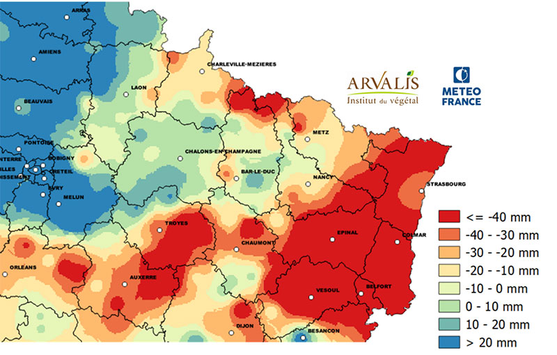 Ecart de précipitations (en mm) du 01/10/2021 au 10/01/2022 par rapport à la moyenne 2009-2020