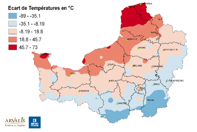 Ecart du cumul de températures entre le 1er novembre 2021 et le 10 mars 2022 par rapport à la moyenne des 20 dernières années
