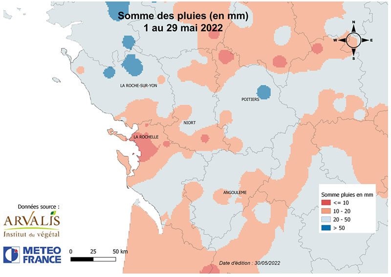 Cumul de pluies (en mm) sur le mois de mai 2022 (correspondant aux orages des 23 et 24 mai en grande partie)