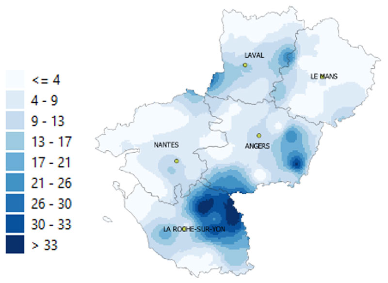 Pluviométrie du 23 au 25 avril 2022 (mm)