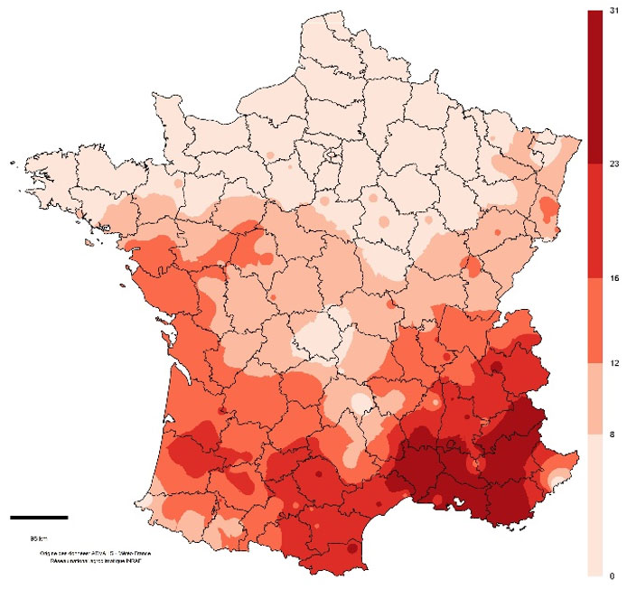 Nombre de jours avec des températures maximales supérieures à 30°C