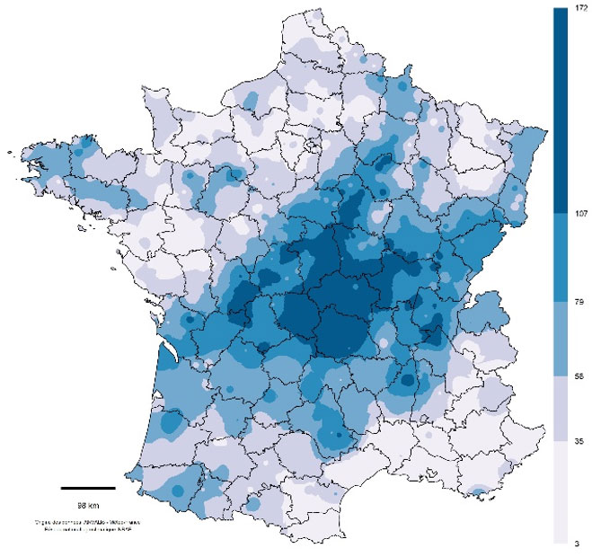 Cumul de pluie (en mm) entre le 15 juin et le 16 juillet 2022