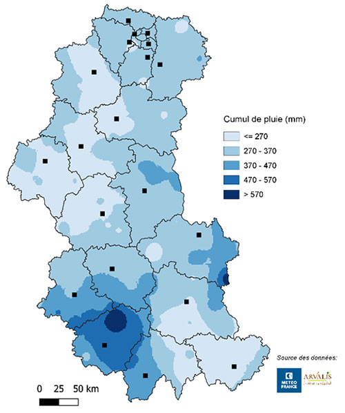 Cumuls de précipitations (en mm) sur la période du 1er septembre 2021 au 31 janvier 2022