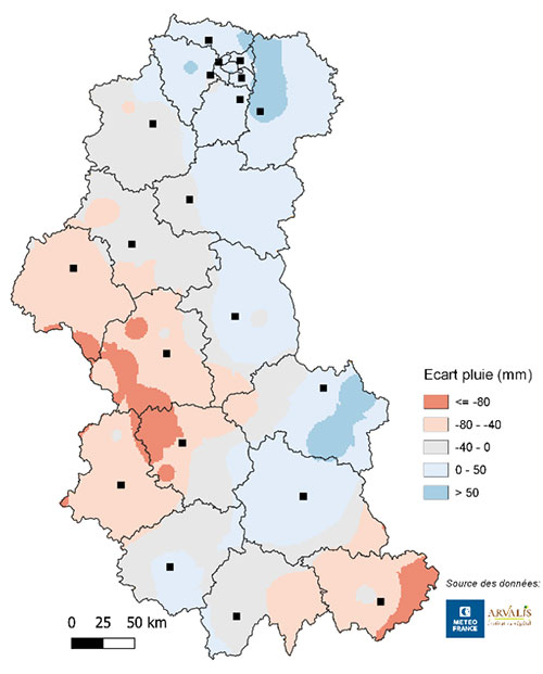 Ecart de précipitations (en mm) à la moyenne sur 20 ans (2001-2020) sur la période du 1er septembre 2021 au 31 janvier 2022