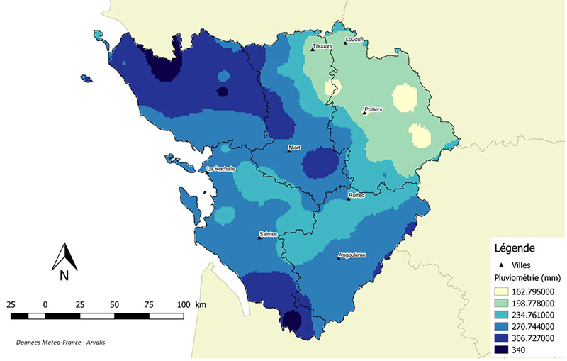 Cumul de précipitations en Poitou-Charentes, Vendée entre le 1er octobre 2021 et le 22 janvier 2022