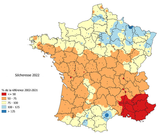 Ratio des précipitations de 2022 / références sur 20 ans – période du 1er janvier au 10 avril