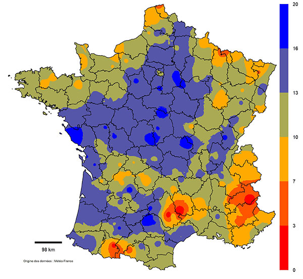 Ecart à la médiane (en nombre de jours) de la date prévisionnelle d’atteinte du seuil des 200 degrés-jours