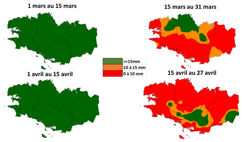 Pluies cumulées en mm par décade depuis le 1er mars 2022