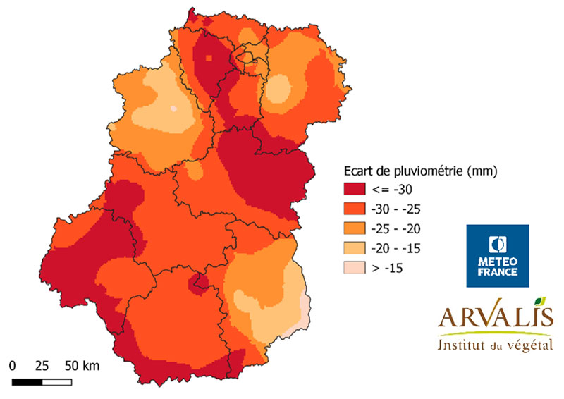 Ecarts de pluviométrie cumulées sur la période du 20 février au 20 mars 2022 par rapport à la moyenne historique