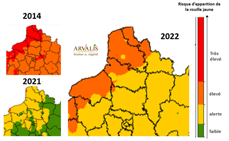 Risque rouille jaune estimé par le modèle CrustYello pour une variété moyennement sensible (note 5) à la rouille jaune (carte réalisée le 11 avril 2022) – précocité et semis départementaux