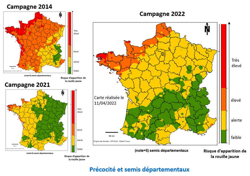 Cartes du risque d’apparition de la rouille jaune sur variété sensible (5) pour la semaine du 11 au 17 avril