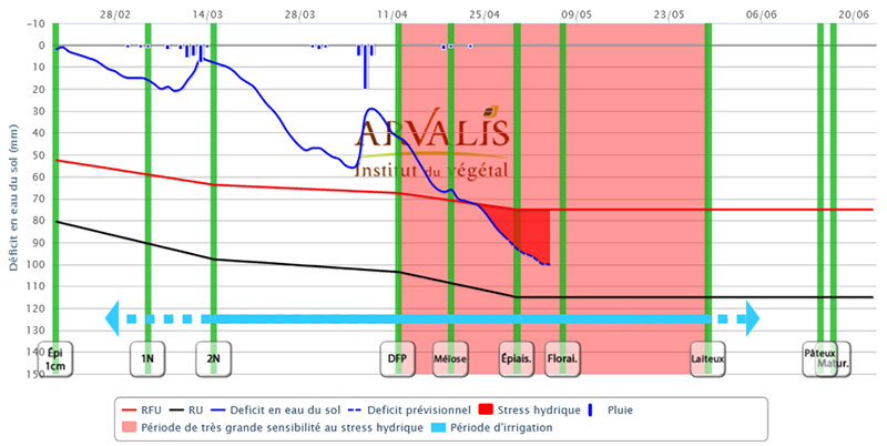 Evolution de la réserve en eau en groie moyenne, pour un blé dur (variété Anvergur) semé le 5 novembre - Station météo ARVALIS du Magneraud (17)